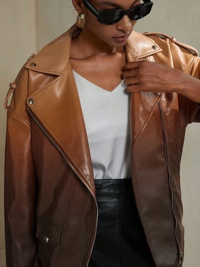 Aveloria Modichic 新款渐变色时尚休闲皮夹克女款，机车风拉链设计翻领高端夹克