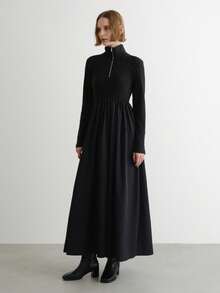 FRIFUL 女士黑色纯色翻领拉链腰部褶皱宽松休闲百搭长款连衣裙，秋冬女装 - 黑色 - 查看 2