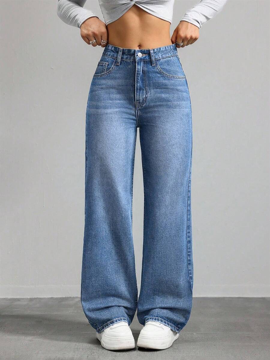 SHEIN ICON Quần denim ống rộng cạp cao có túi tiện dụng đa năng cho nữ - Rửa tối - Xem 1