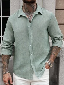 Manfinity CasualCool Men's Casual Button-Up Long Sleeve Shirt, Minimalist Daily Wear Men Linen Shirt Teal Men Shirt Turquoise ,Fall - Mint Green - View 6