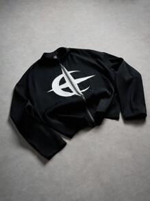 Manfinity EMRG 男士月亮印花长袖前拉链休闲夹克、短款拉链夹克、图案拉链夹克、街头风格夹克、黑色短款夹克男士、黑色图案夹克、短款夹克、哥特拉链、秋季 - 黑色 - 查看 3