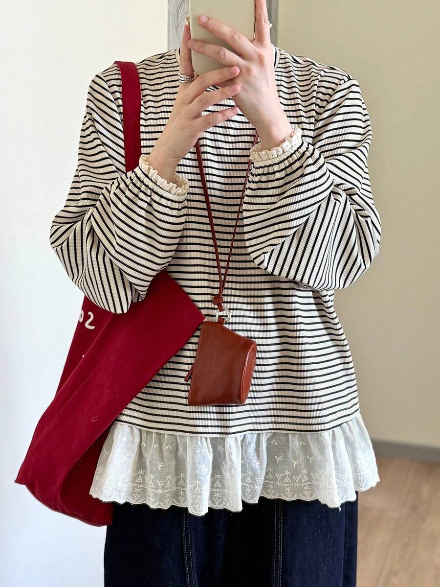 FRIFUL Women's Round Neck Loose Fit Striped Puff Sleeve Lace Patchwork Casual Long Sleeve T-Shirt