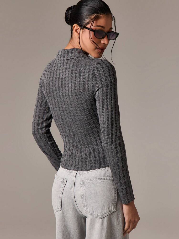 Pointelle Knit Henley Top With Collared Neckline