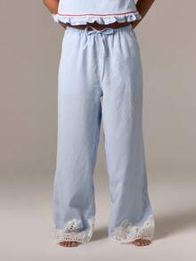 AiiRZ Women Striped Wide Leg Palazzo Pants Eyelet Lace Trim Summer Beach Holiday Lounge Wear Casual Bottoms With Ruffled Hem Detailing - Blue and White - View 1