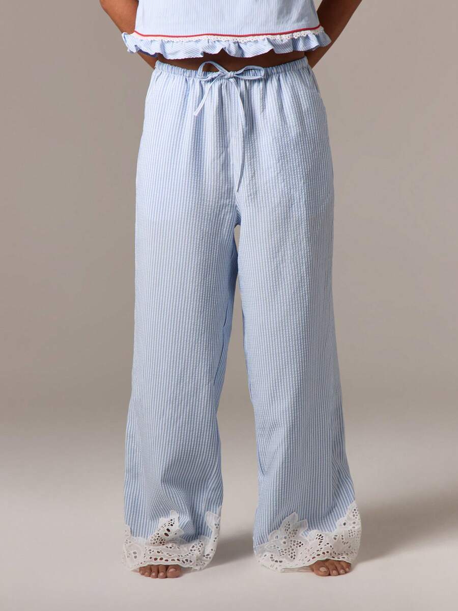 AiiRZ Women Striped Wide Leg Palazzo Pants Eyelet Lace Trim Summer Beach Holiday Lounge Wear Casual Bottoms With Ruffled Hem Detailing - Blue and White - View 1