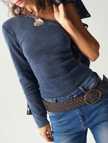 Bohemela 1pc Women's Casual Solid Color Knit Slim Fit Washed T-Shirt - Blue - View 6