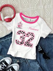 SHEIN 3 件套青少年女孩休闲修身舒适圆领长袖 T 恤套装，采用街头风格大学条纹、城市字母图案、复古蝴蝶结豹纹、粉色条纹、复古粉色和黑色，适合夏季 - 彩色 - 查看 6