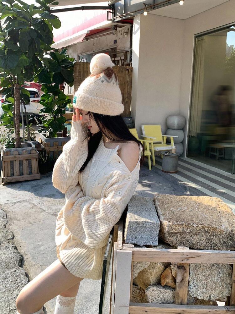 Women's Korean Style Solid Color Cable Knit Twist Long Sleeve Sweater, Autumn/Winter