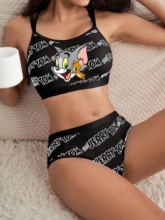 TOM & JERRY X SHEIN 女士卡通 & 字母印花胸罩和内裤套装