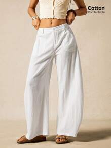 Easelle Quần ống rộng bằng vải cotton dệt kiểu bohemian màu trơn dành cho nữ mùa hè, kiểu quần ống loe xòe nhẹ, trang phục thanh lịch cho phái nữ. - trắng - Xem 1