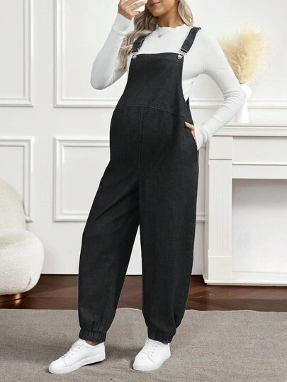 SHEIN 孕妇休闲纯色斜口袋抽绳牛仔背带裤