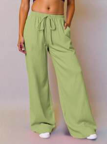 ReShift Plus Size Women Elastic Waist Casual Functional Textured Solid Wide Leg Pants - Green - View 3