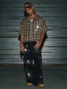 AXEPEAK Men's Washed Rhinestone Embellished Casual New Stylish Bermuda Shorts - Black - View 7