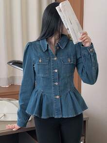 DAZY 女士翻领收腰长袖优雅春日翡翠性感休闲牛仔衬衫 - 中等水洗藍 - 查看 2