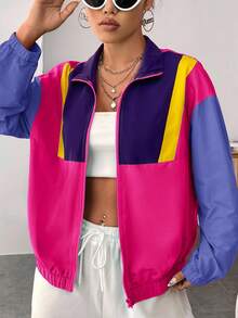 SHEIN EZwear Chaqueta con cremallera de hombros caídos y bloques de color de primavera para otoño/invierno - Multicolor - Ver 1