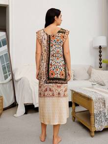 SHEIN Women's Plus Size Beige Bohemian Retro Vintage Bamboo Fiber Sleeveless Nightgown,Summer Holiday Loose Fit Floral Print Comfortable Casual Loungewear - Khaki - View 2