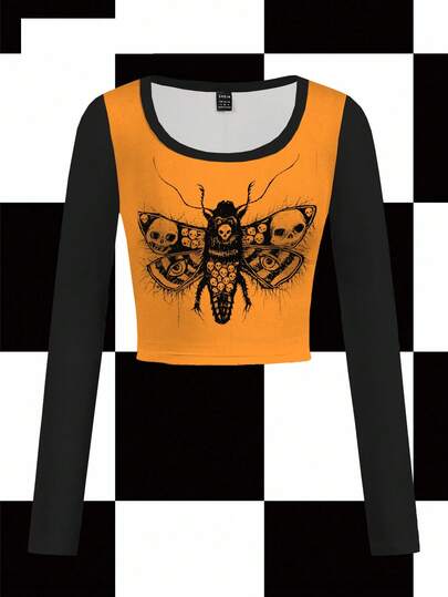 Robin Women's Butterfly Skull Print Long Sleeve Round Neck T-Shirt, Halloween, Y2K Streetwear, Autumn/Winter