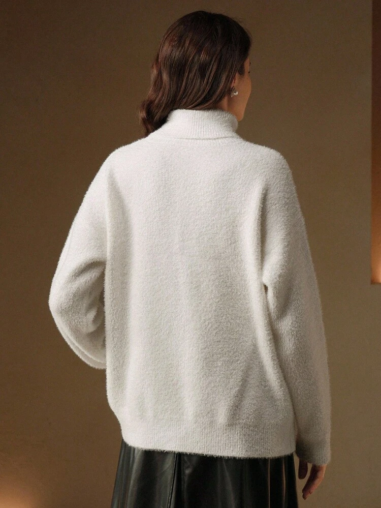 Women's Autumn Embellished Sequin & Floral Fuzzy Turtleneck Sweater, Comfortable Outerwear For Winter