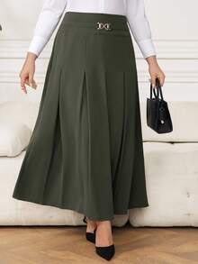 Modelyn Falda elegante de oficina con pliegues y decoración metálica, talla grande y unicolor - Verde militar - Ver 5