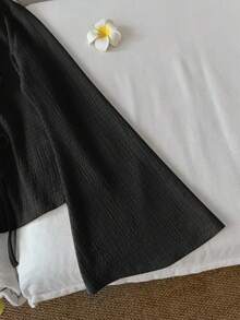 SHEIN LUNE Women's Casual Solid Color V-Neck Tie Front Flare Sleeve Top Tie Up Top Cute Black Tops Korean Clothes Bow Top Black Tie Top V Neck Tops