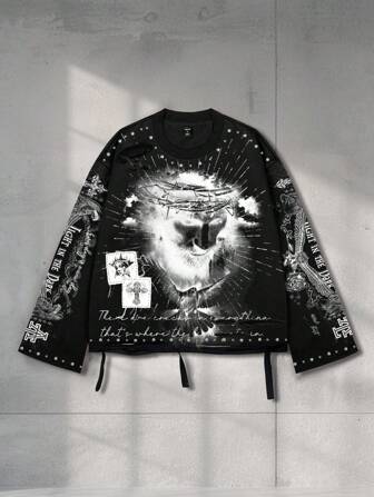 Goth Camiseta de manga larga con cuello redondo para hombre, con estampado vintage de Saint y efecto desgastado, estilo callejero, para otoño, estilo de los años 2000