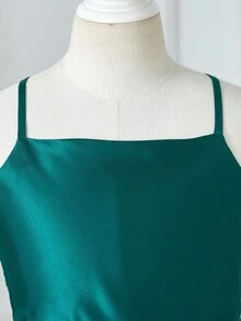 Tween Girl Spaghetti Strap Square Neck Backless Asymmetric Ruffle Hem Waist Cinched Elegant Dress For School, Wedding, Party - Green - View 4