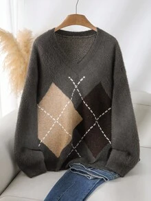 CosyJoli 大码休闲菱形格子仿皮毛拼接套头衫针织衫菱形花纹毛衣秋季毛衣女士V领毛衣毛绒针织毛衣 - 彩色 - 查看 4