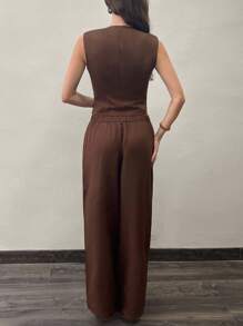 SHEIN Unity Women's Summer Sleeveless Casual Gold Button Blouse & Flowy Trousers - Brown - View 2