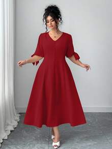 Elenzga Plus Size Women's Solid Color Button Design V-Neck Bowknot Short Sleeve Elegant Dress - Red - View 6