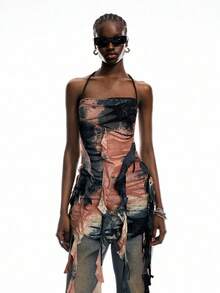 LYSMO 2025 New Arrival Spring-Summer Women's Post-Apocalyptic Style Vintage Distressed Tie-Dye Ruffled Asymmetrical Long Slim Halter Neck Camisole, Vintage Casual, Post-Apocalyptic Aesthetic - Multicolor - View 4