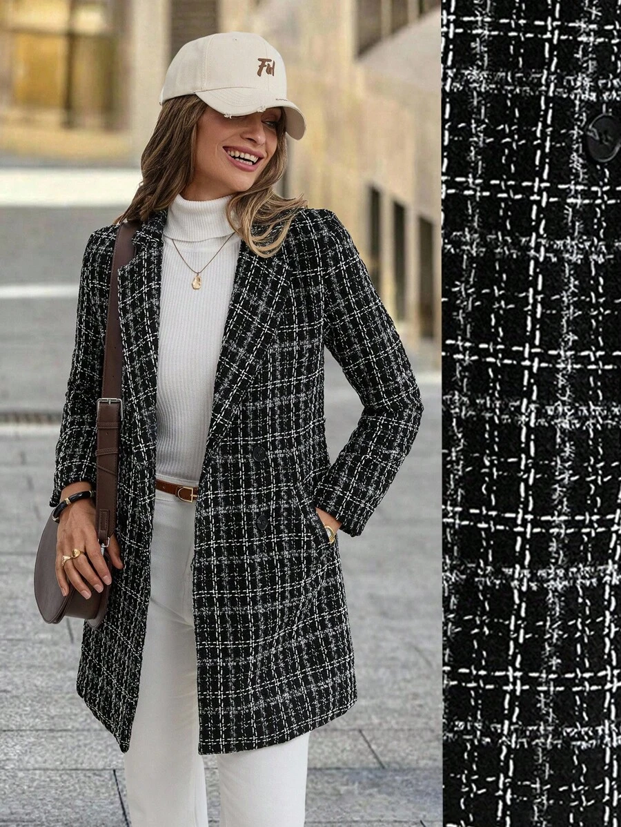 SHEIN Clasi 女士格子翻领长袖口袋休闲外套,女士冬季外套,冬季服装 - 黑色 - 查看 1