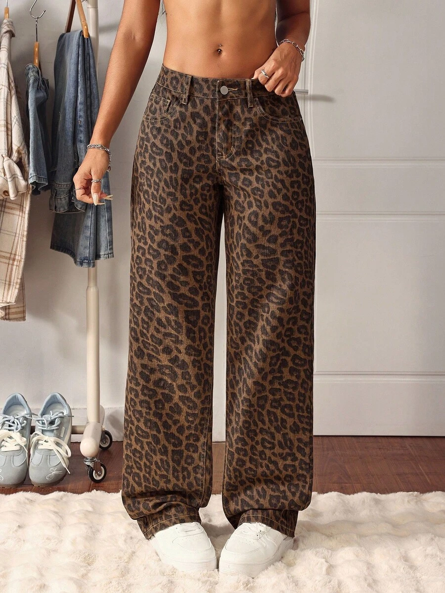 SHEIN Tall Sexy Leopard Print Low Waist Straight Leg Jeans - Multicolor - View 1