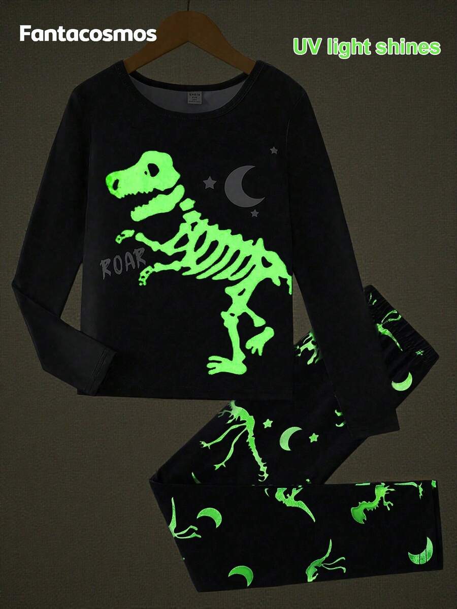 男童紧身夜光恐龙印花长袖上衣和裤子两件套睡衣套装 - 彩色 - 查看 1