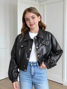 Girls' Oversized Turn-Down Collar Single-Breasted Casual Short Jacket Fall Winter - Black - View 1