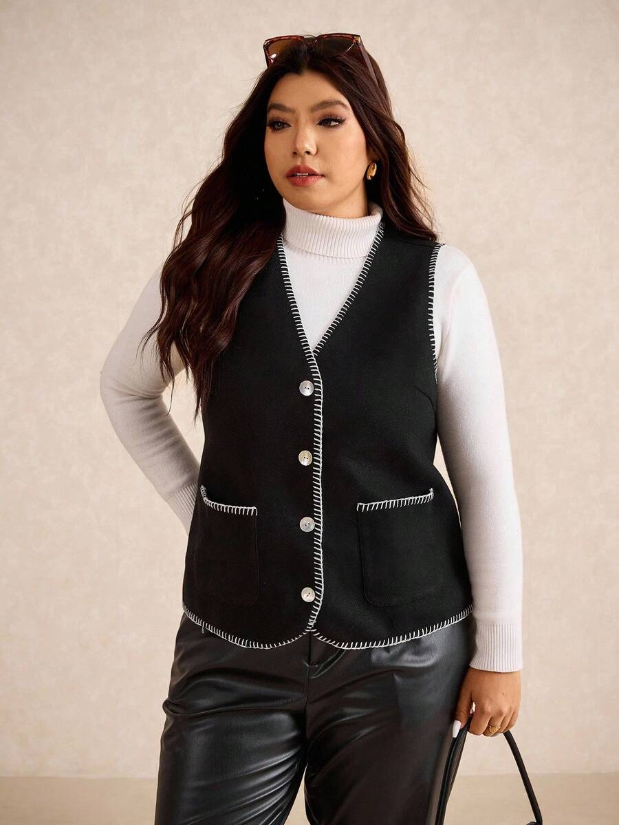 Elaquor Plus Size Contrast Trim V-Neck Front Button Elegant Sleeveless Jacket Fall/Winter - Black - View 1