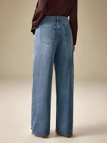 Selenza Jeans anchos casuales y holgados con bordado floral para mujer - Azul - Ver 2