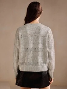 Anewsta Elegant Grey Oversized Sweater With Metallic Foil Decor,Casual Chic Knitwear For Autumn Brunch,Fall,Winter,Party,New Year,Christmas,Work,Wedding - Silver - View 2