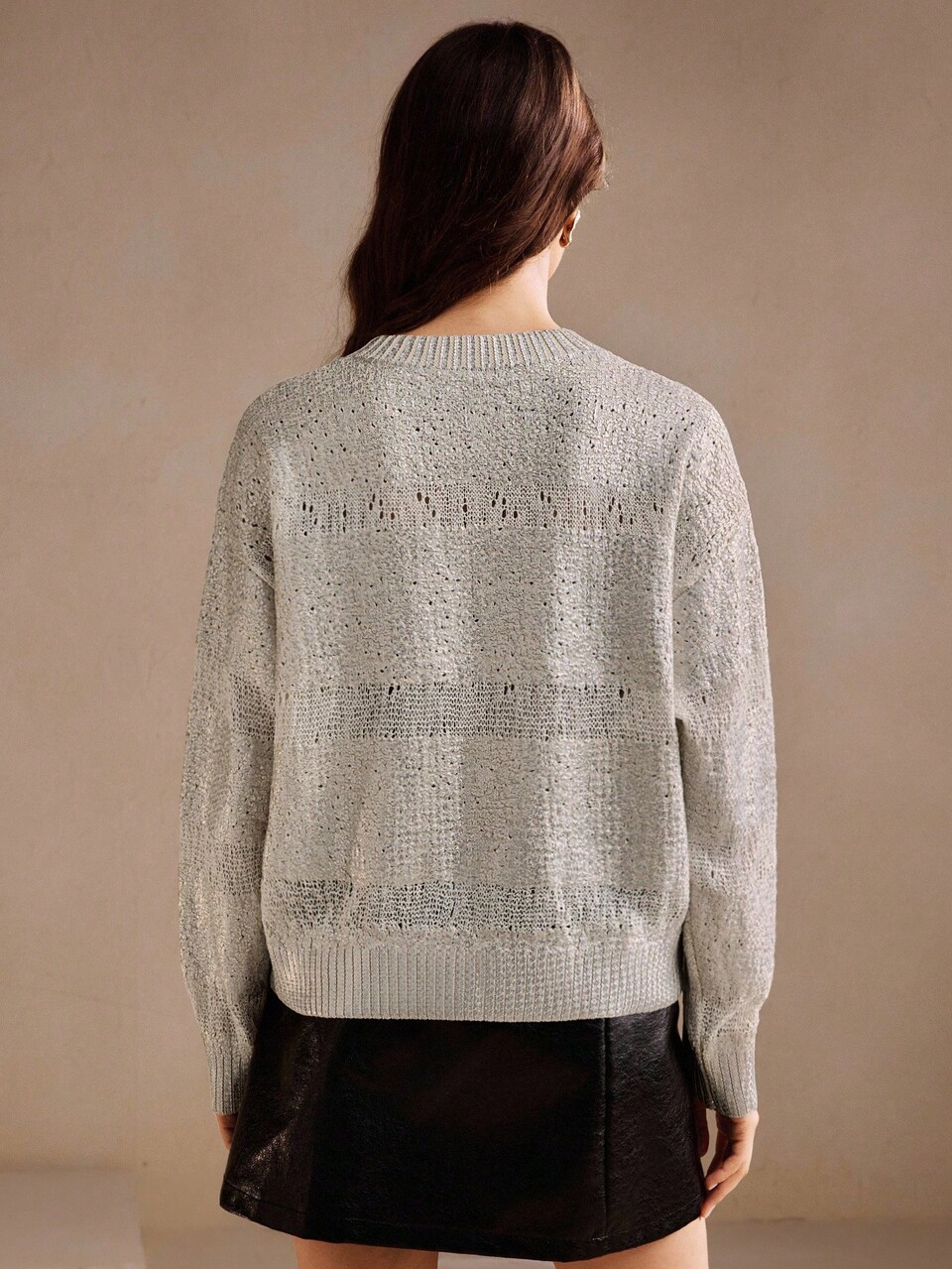 Elegant Grey Oversized Sweater With Metallic Foil Decor,Casual Chic Knitwear For Autumn Brunch,Fall,Winter,Party,New Year,Christmas,Work,Wedding