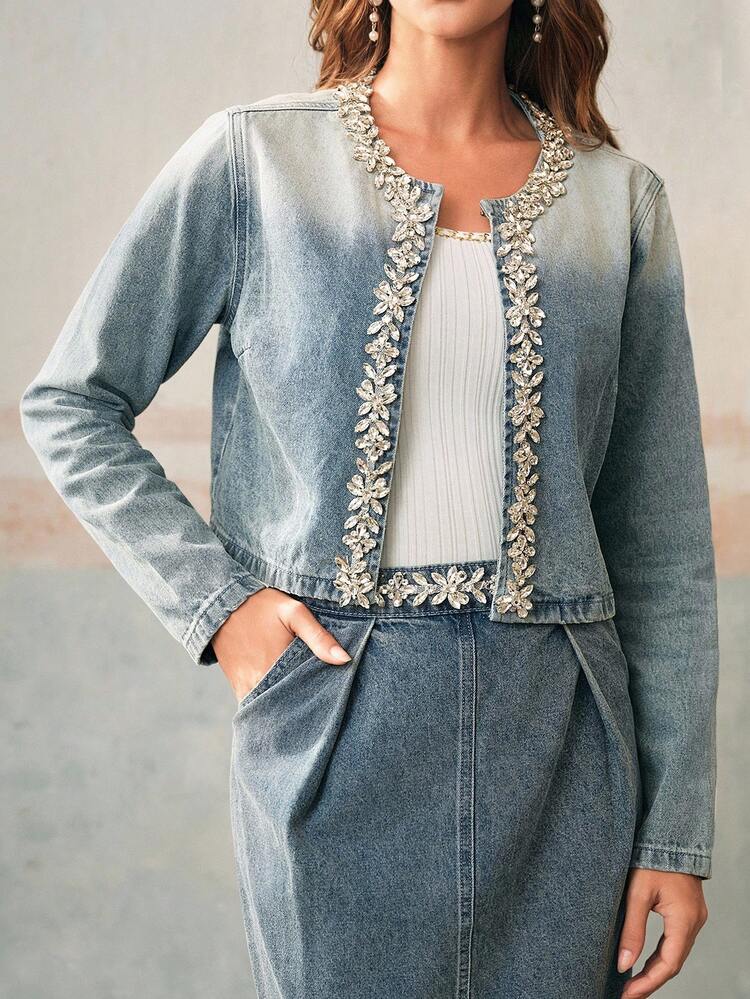 Veste en jean bleu ajustée de luxe ornée de diamants, faite à la main pour femmes