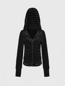 ROMWE Goth 加大码暗黑朋克骷髅铆钉二合一宽松黑灰复古连帽卫衣