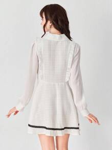 ROMWE EDITION 女款姬辣妹风格撞色面料荷叶边蕾丝拼接长袖迷你连衣裙 - 杏色 - 查看 3