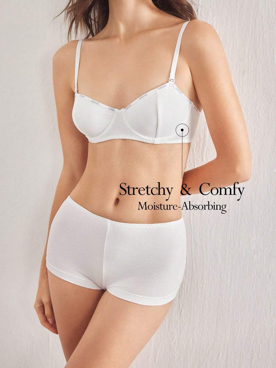 Ocili Set Bra Tanpa Kawat dan Celana Pendek Pinggang Tinggi Katun Rib Leisure Comfort untuk Wanita - Putih - View 1