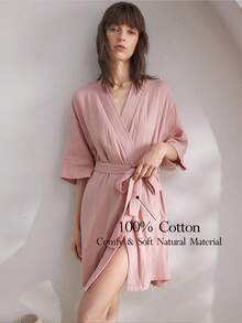 Ocili 女士纯色半袖系带休闲家居服睡袍 - 粉色 - 查看 1