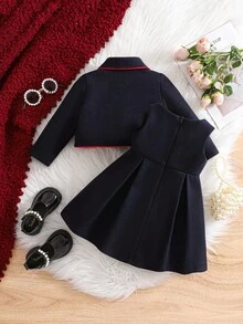 SHEIN Bộ áo khoác dài tay màu xanh hải quân và váy cho bé gái, thích hợp cho mùa thu/đông. - Màu xanh lam - Xem 2