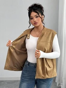 Elenzga Chaqueta sin mangas elegante de oficina/casual/vacaciones para mujer de talla grande, con cuello de cremallera metálica, botones dorados, hombros caídos, bajo plisado, forro, adecuada para primavera, otoño e invierno