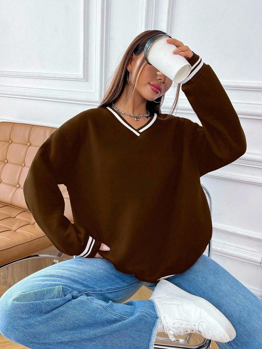 Flirla Women's Autumn Dropped Shoulder Long Sleeve Basic V-Neck Sweatshirt, Collegiate Style - Brown - View 1