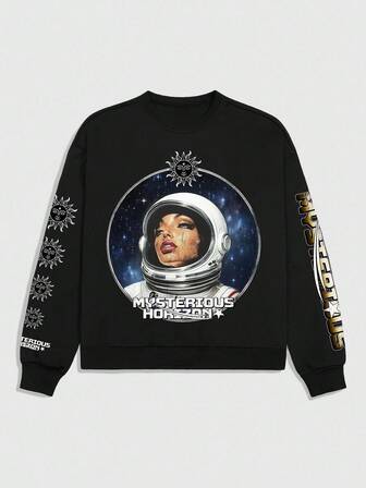 Street Life Sudadera casual de cuello redondo de manga larga con estampado de letra de astronauta para hombres, otoño