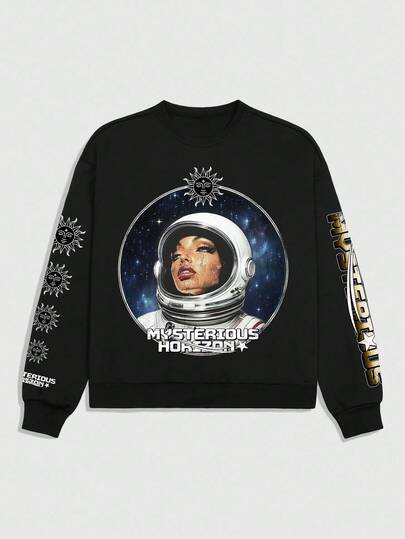 Street Life Felpa girocollo casual da uomo con stampa a lettere astronauta, autunnale