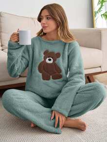 SHEIN Cottnline 2pcs Plush Bear Embroidery Detail Homewear PJ Set - Cadet Blue - View 3
