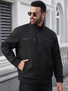 Manfinity CasualCool Plus Size Men's Casual Solid Color Black Zip Up Jacket Casual, Outdoor Windbreaker, Fall
